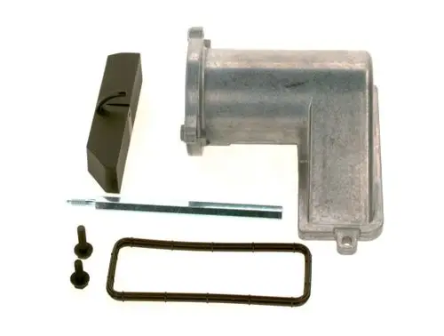 BOSCH Gas-Luft-Gemisch-Kanal in Metall, mit zwei Schrauben, einer Stange und einer Dichtung. Teile sind auf einem hellen Hintergrund angeordnet.